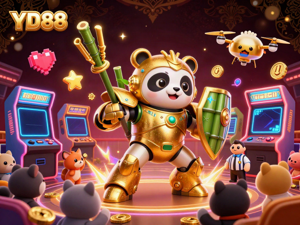 Experience thrilling gaming with YD88 featuring a golden panda mech in vibrant casino scene.