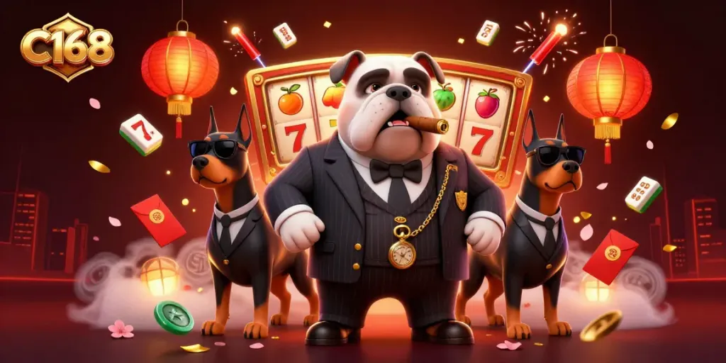 C168 slots showcase a mafia boss bulldog with dodgers, lively casino elements fill the scene.