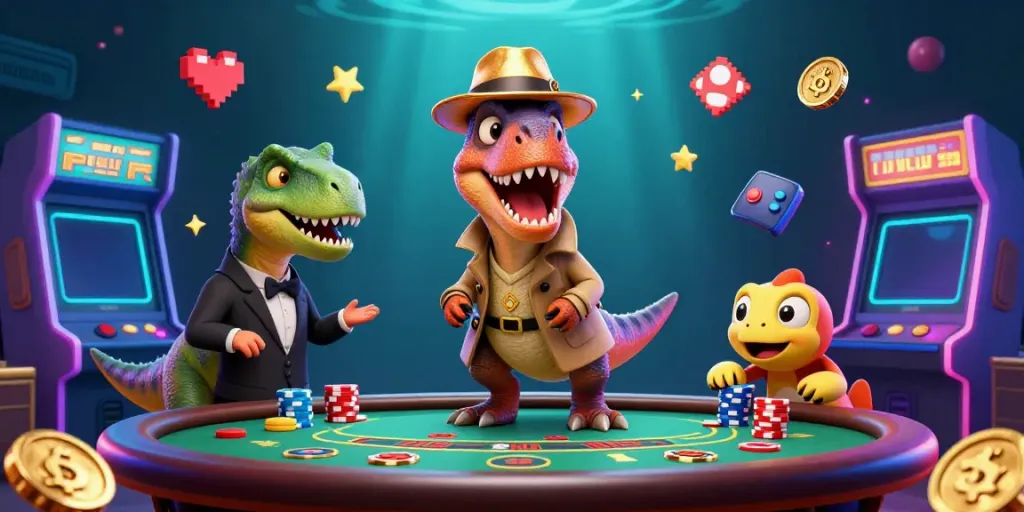 Hitclub velociraptor card counter playing blackjack, surrounded by vibrant casino elements