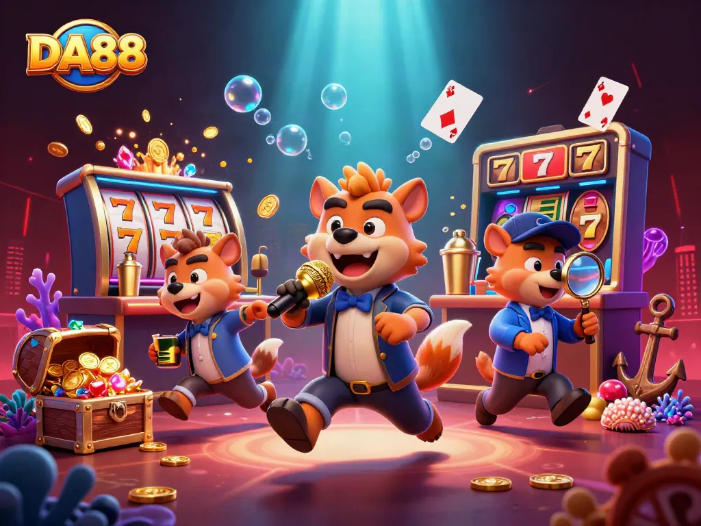 DA88 casino scene with hyenas, vibrant colors, slot reels, and comedic elements