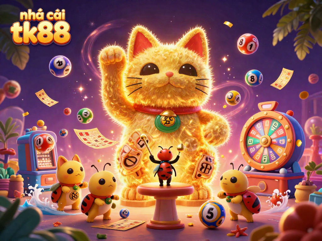 Experience excitement at Nhà cái tk88 with vibrant casino elements and animated characters in a lively digital illustration.