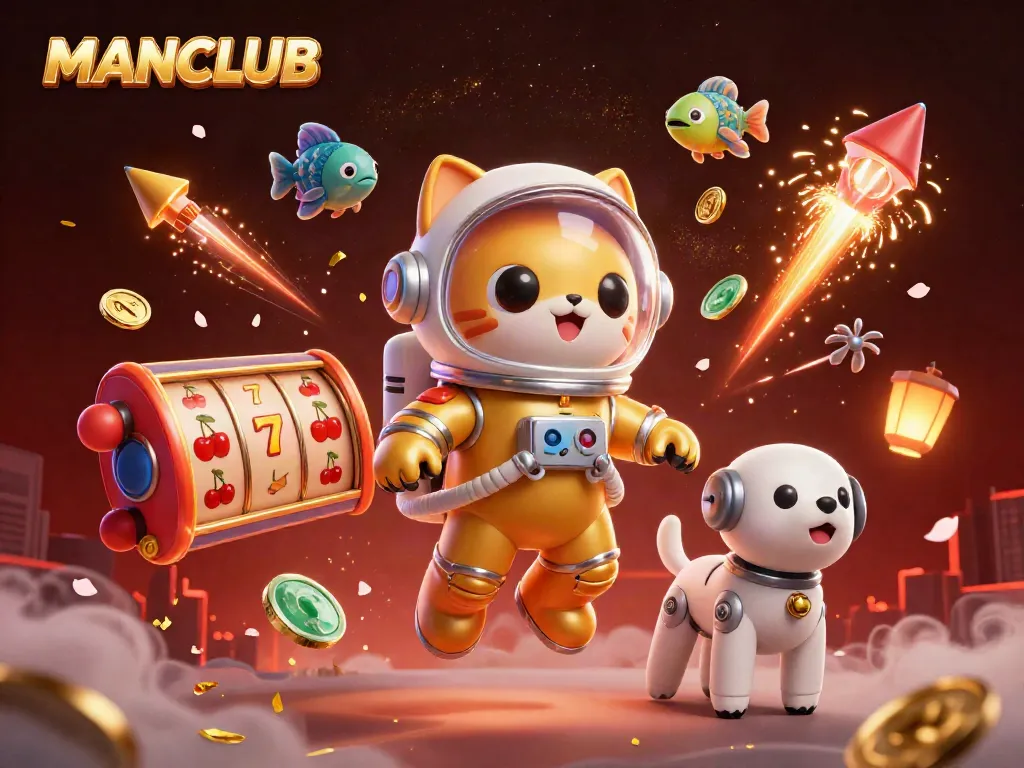Engage in thrilling gaming with MANCLUB in this vibrant 3D casino scene featuring an astronaut cat, a robot dog, and dynamic slot elements.