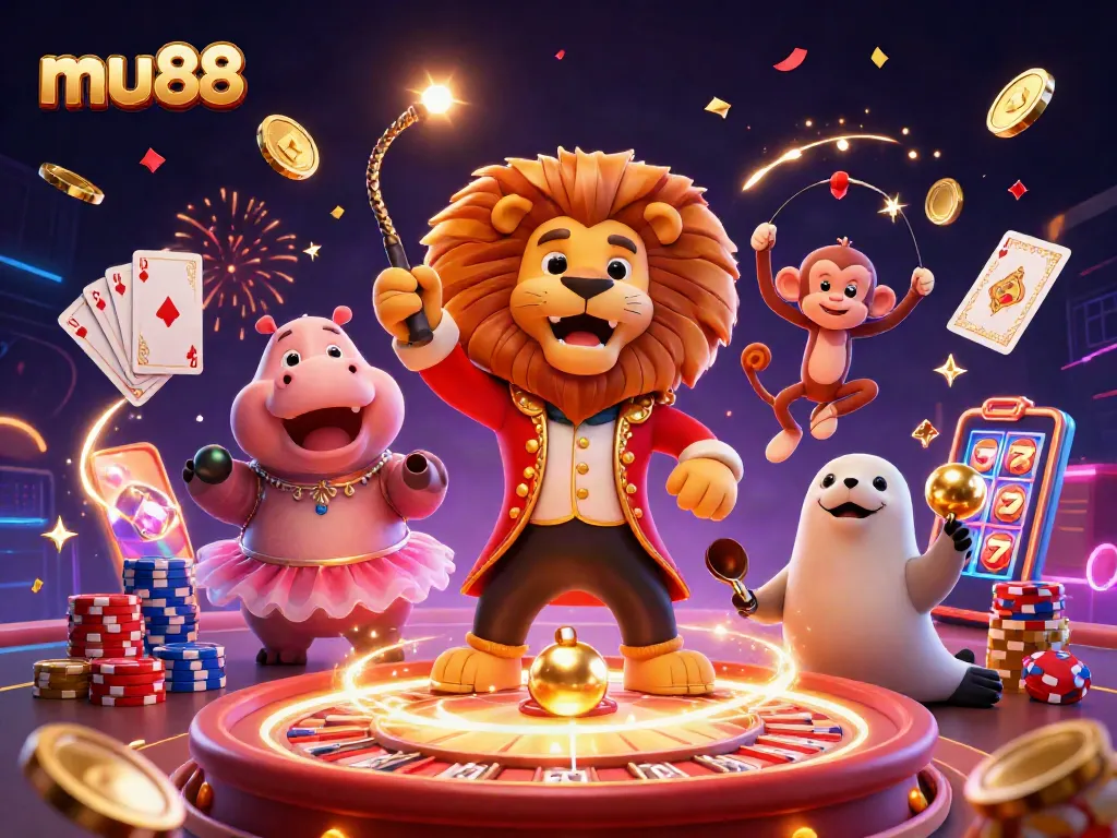 mu88 showcases a lively casino scene with a ringmaster lion and vibrant gaming elements contributing to the excitement.