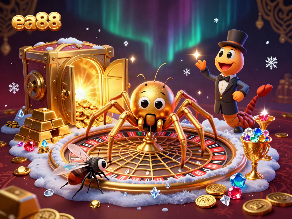 Place bets with the intriguing characters of ea88 in a captivating casino scene full of treasures.