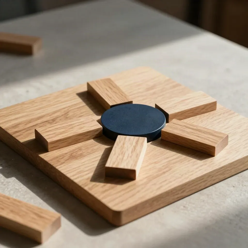 Scacchiera di blocchi di legno con tre biforcazioni e disco centrale scuro, scelta in chiusura.