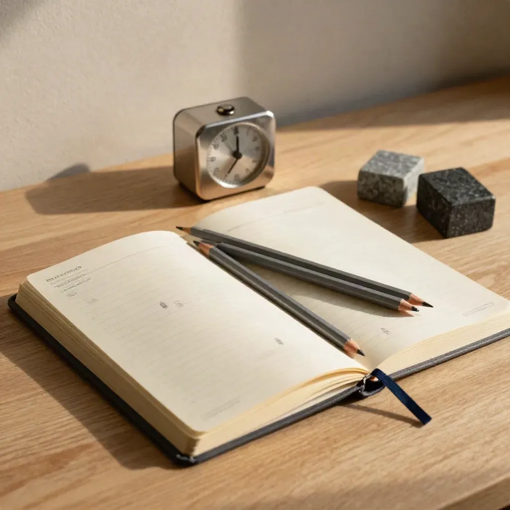 Kit strategico con notebook aperto, timer, matite e due blocchi di pietra su tavolo chiaro