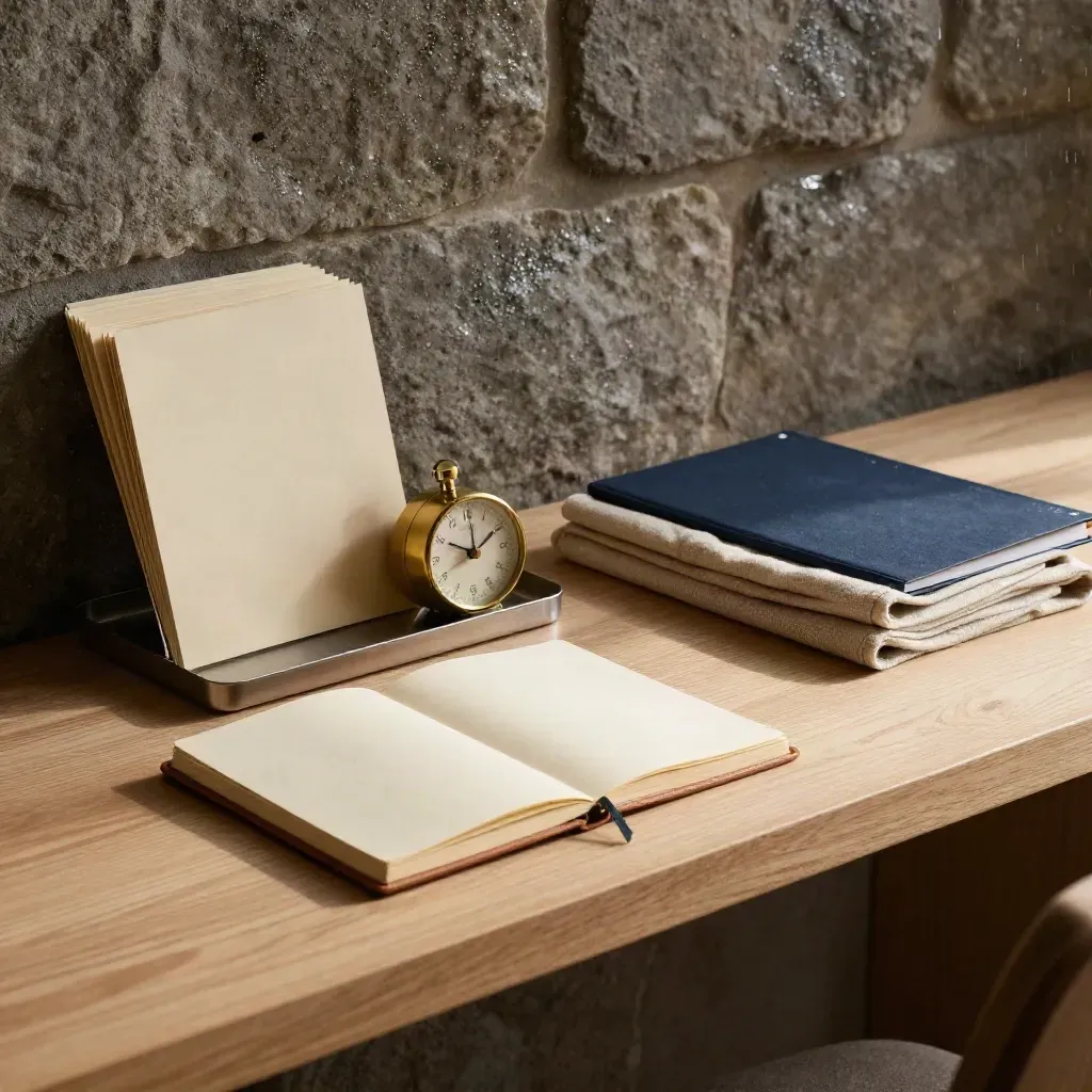 Postazione consulenziale in legno chiaro con quaderno, timer e cartelle, luce drammatica.