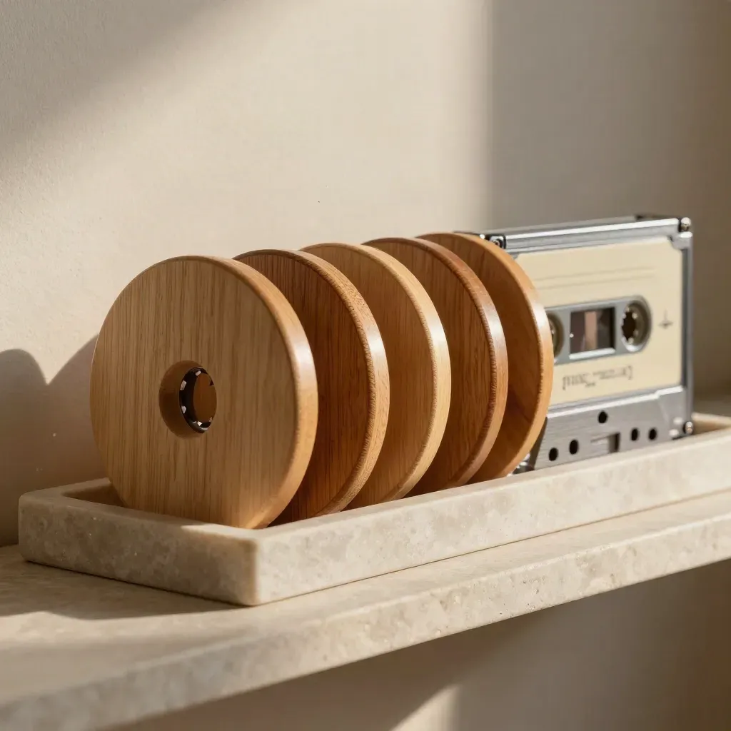 Sette dischi di legno in un vassoio accanto a una cassetta meccanica su mensola in pietra.