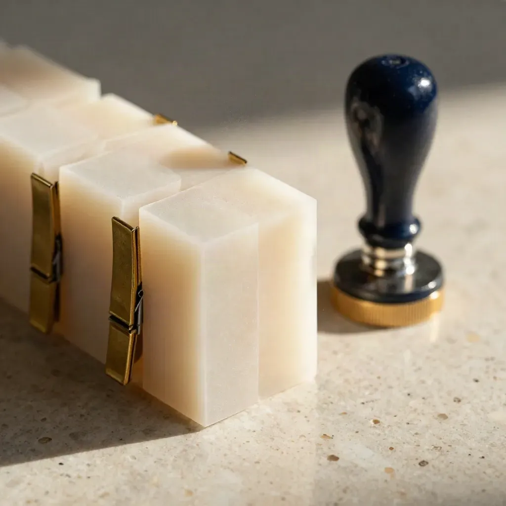 Blocchi acrilici satinati, clip in ottone e timbro tecnico su travertino, macro ravvicinata.