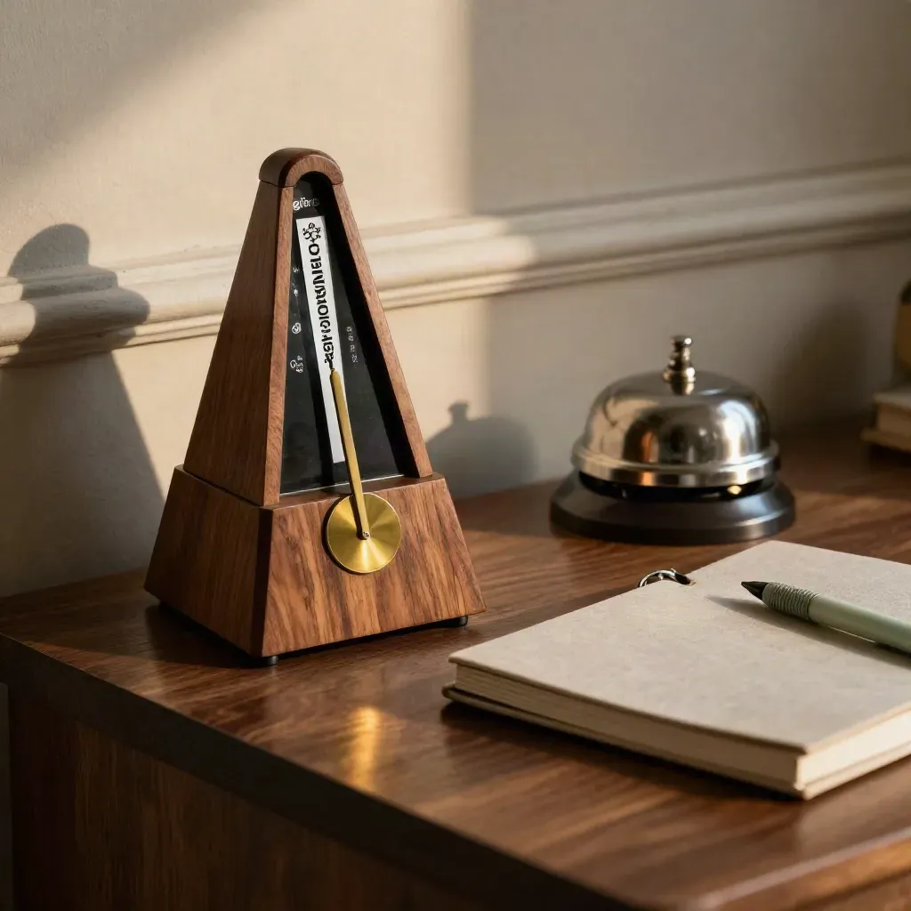 Metronomo in legno, campanella da scrivania e quaderno in lino su base in noce, luce drammatica.