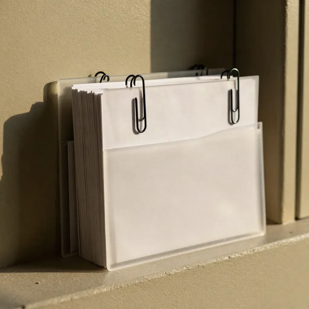 Divisori traslucidi, graffette nere e cartoncini bianchi piegati su una mensola in gesso.