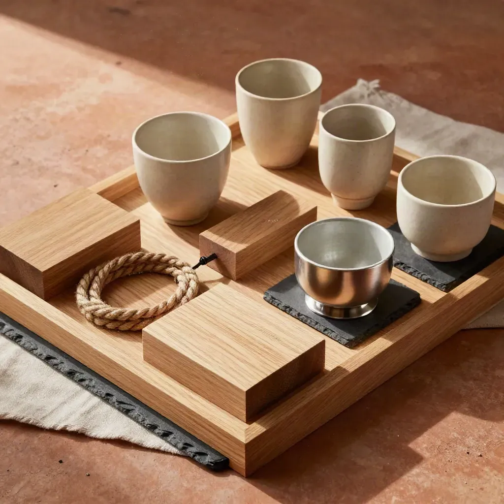 Vassoio di workshop con blocchi in legno, corde morbide e tazze in ceramica su piano terracotta.