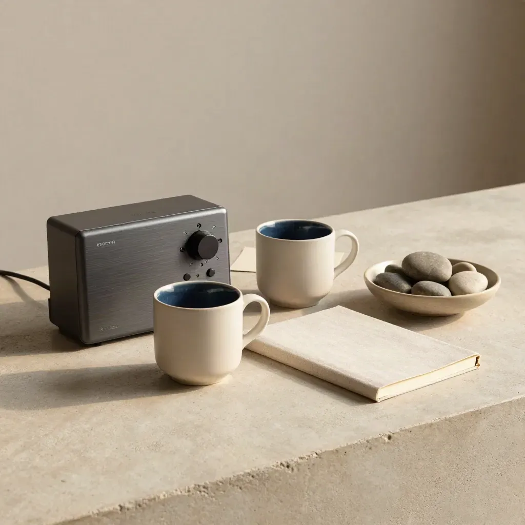 Tazze in ceramica, registratore spento, notebook chiuso e pietre lisce su pietra chiara.