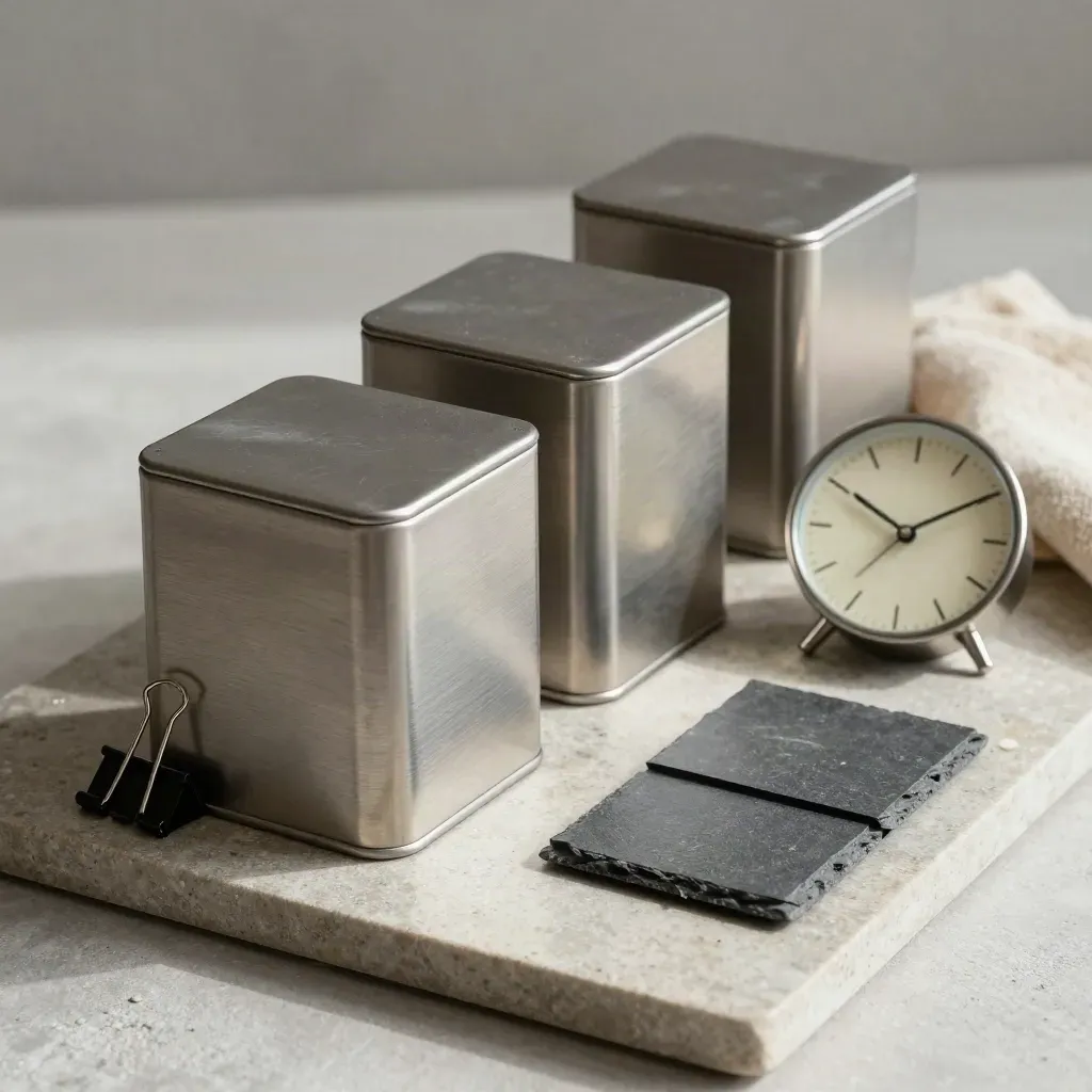 Vassoio di pietra con contenitori metallici, fermagli neri e orologio compatto in luce laterale.