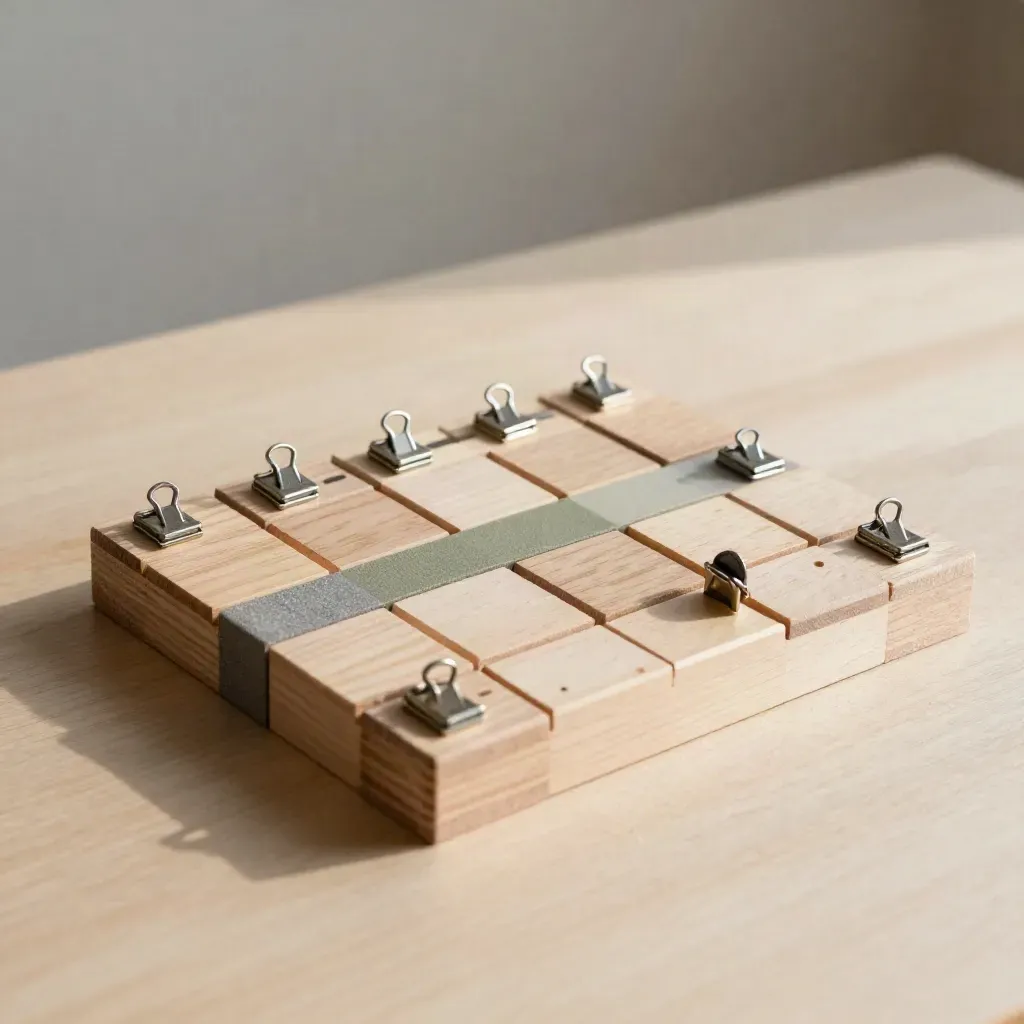 Blocchi modulari in legno e clip sottili su legno chiaro, con luce morbida e accento salvia.