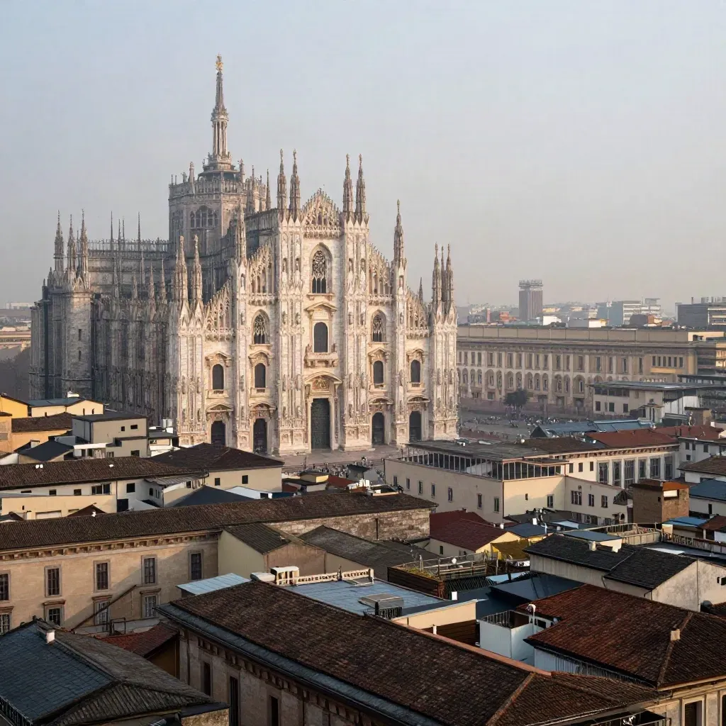 Duomo di Milano e tetti bassi nella foschia dorata dopo la pioggia.