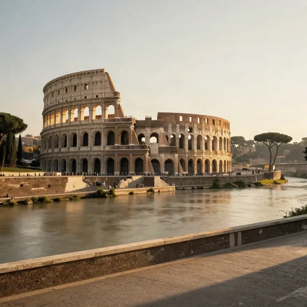Il Colosseo al tramonto sopra il Tevere, con pini lontani e luce calda su Lazio