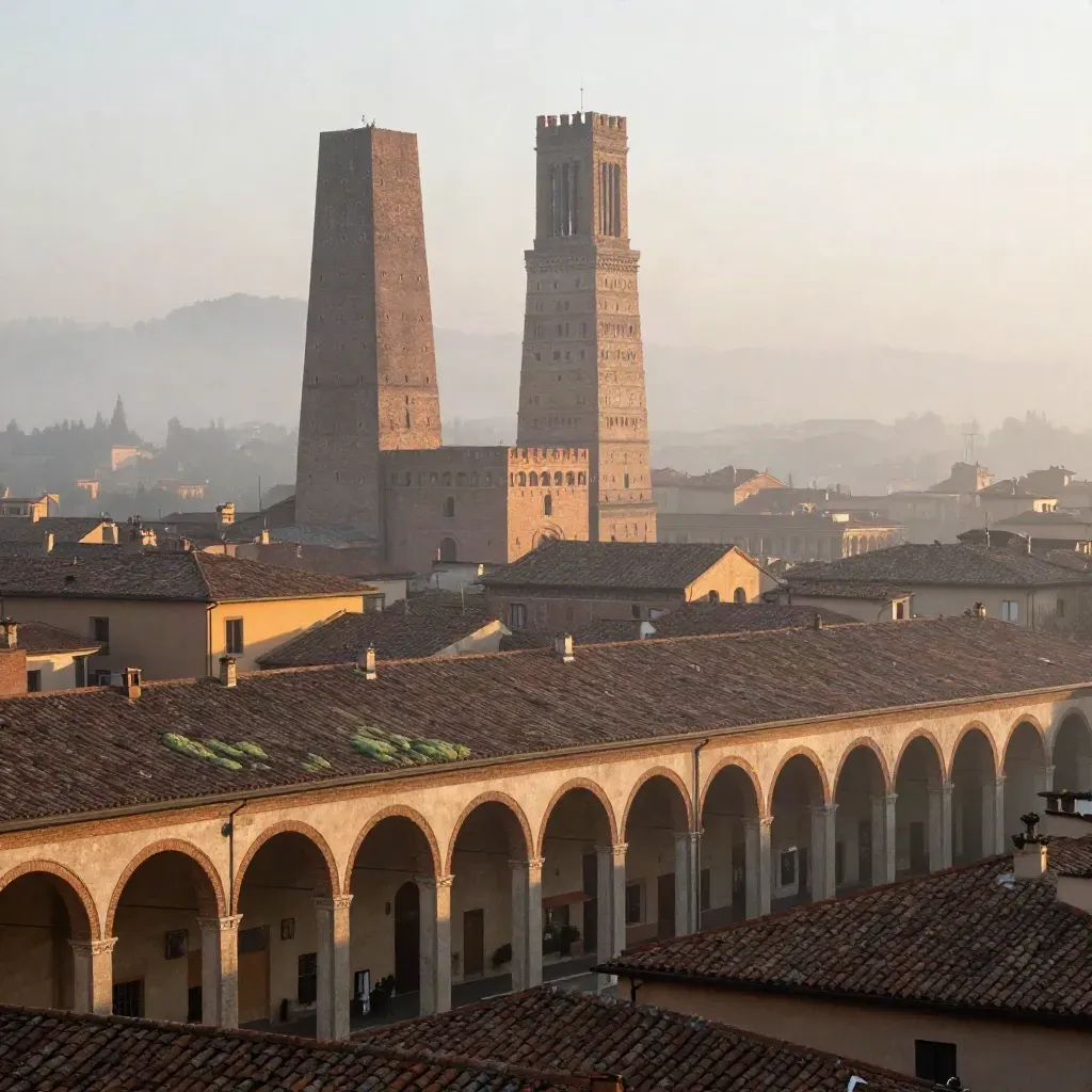 Bologna avvolta nella nebbia con i portici in mattone e le Due Torri sopra i tetti