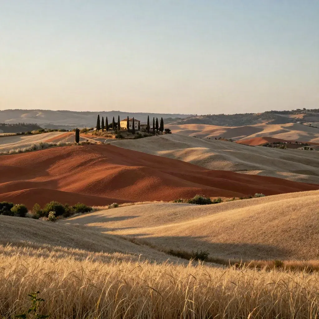 Colline della Val d’Orcia al tramonto con cipressi e casale lontano nella caligine.