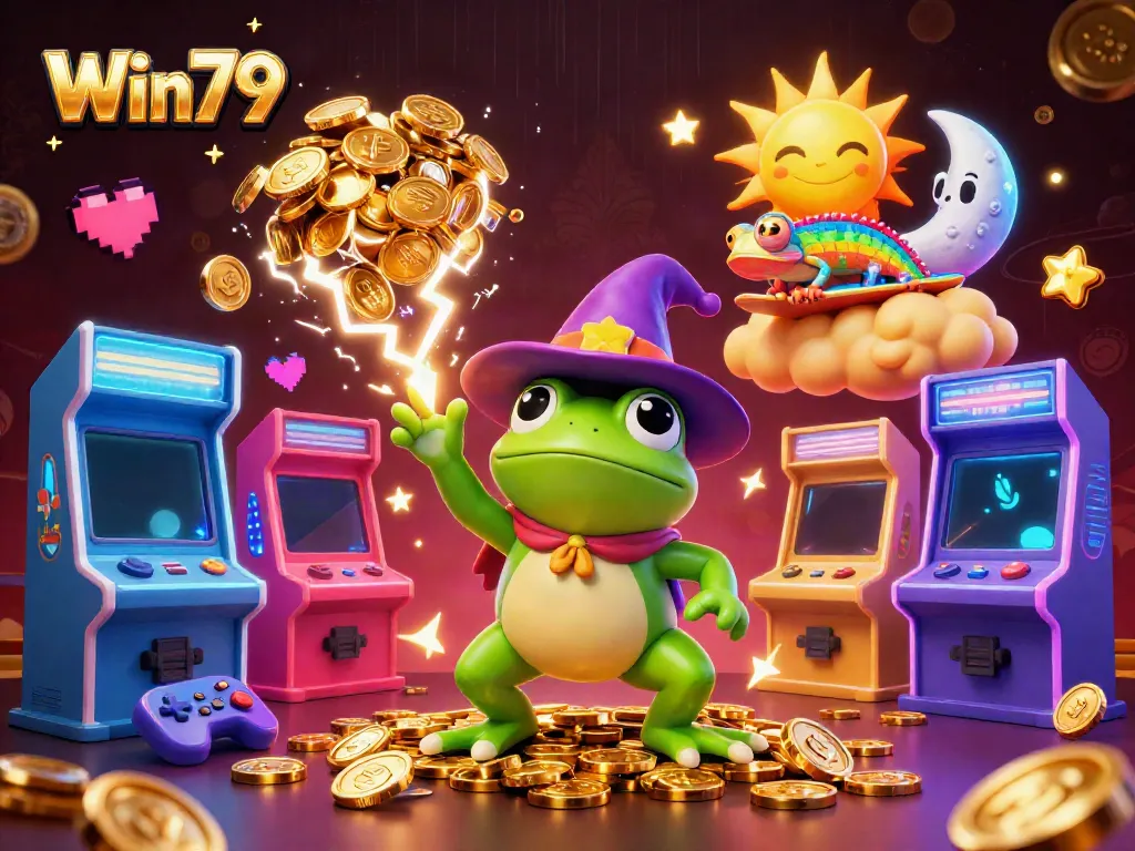 Win79 features a wizard frog and chameleon amidst gold coins, arcade elements, and casino ambiance.