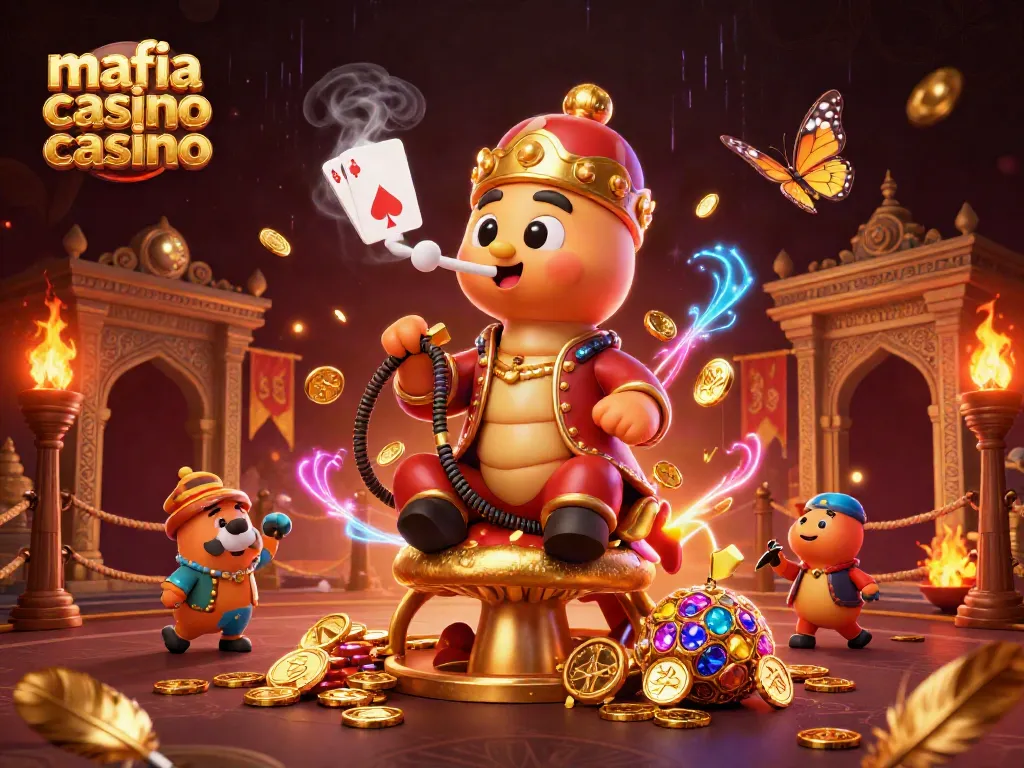 Mafia casino casino themed illustration showcasing a caterpillar mastering poker in a vibrant 3D scene.