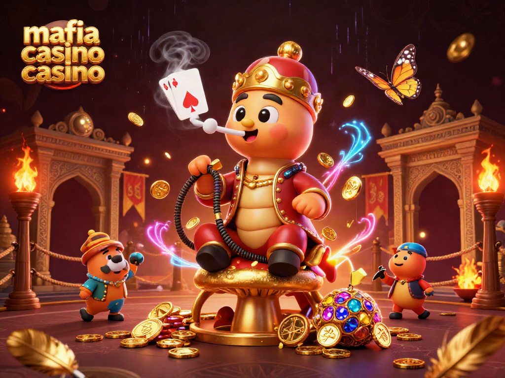 Mafia casino casino themed illustration showcasing a caterpillar mastering poker in a vibrant 3D scene.