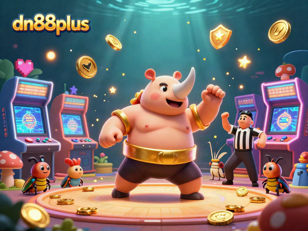 Experience exciting gameplay with dn88plus, featuring a beetle sumo champion and vibrant arcade elements.