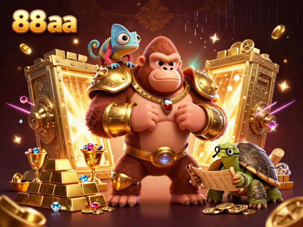Experience winning at 88 aa with a gorilla king and treasures in a vibrant casino scene.