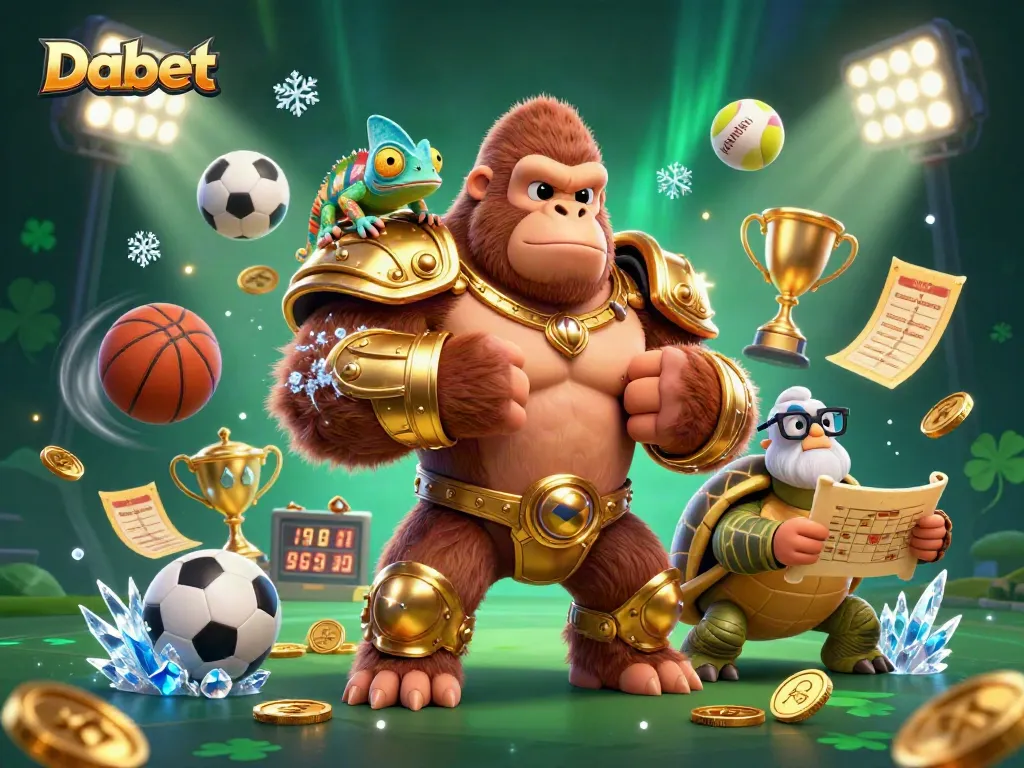 Dabet offers thrilling sports betting action, showcasing a powerful gorilla king and vibrant characters.