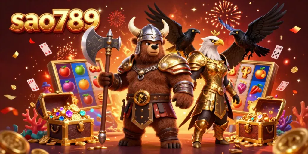 Engage with thrilling sao789 slot games alongside mythical characters in a vibrant, festive illustration.