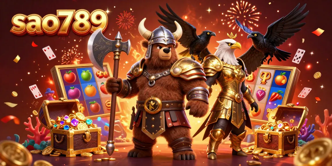 Engage with thrilling sao789 slot games alongside mythical characters in a vibrant, festive illustration.