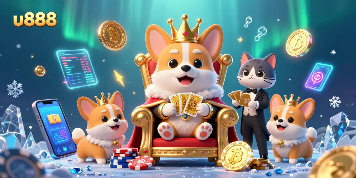 Experience the excitement of u888 with royal corgi and crypto elements in a vibrant casino scene.