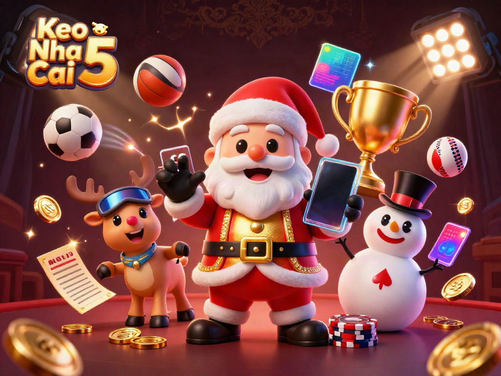 Engaging scene with Keo Nha Cai 5 cartoon characters celebrating sports betting victories, featuring Santa, his reindeer, and a snowman surrounded by jackpots and sports elements.