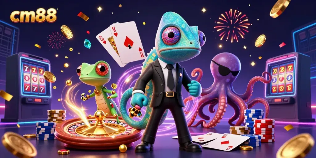 Experience thrilling gameplay at cm88 with vibrant casino elements and 3D characters in a dynamic illustration.