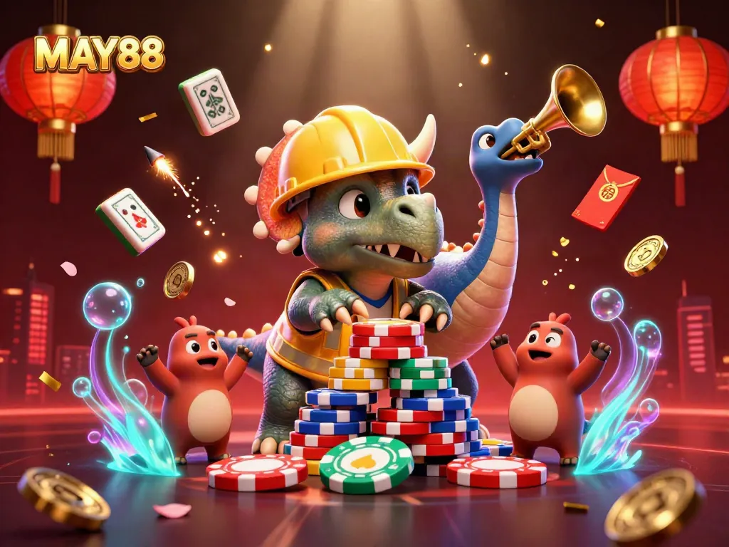 MAY88 showcases a vibrant 3D illustration of a triceratops and parasaurolophus amidst festive casino elements celebrating a winning moment.