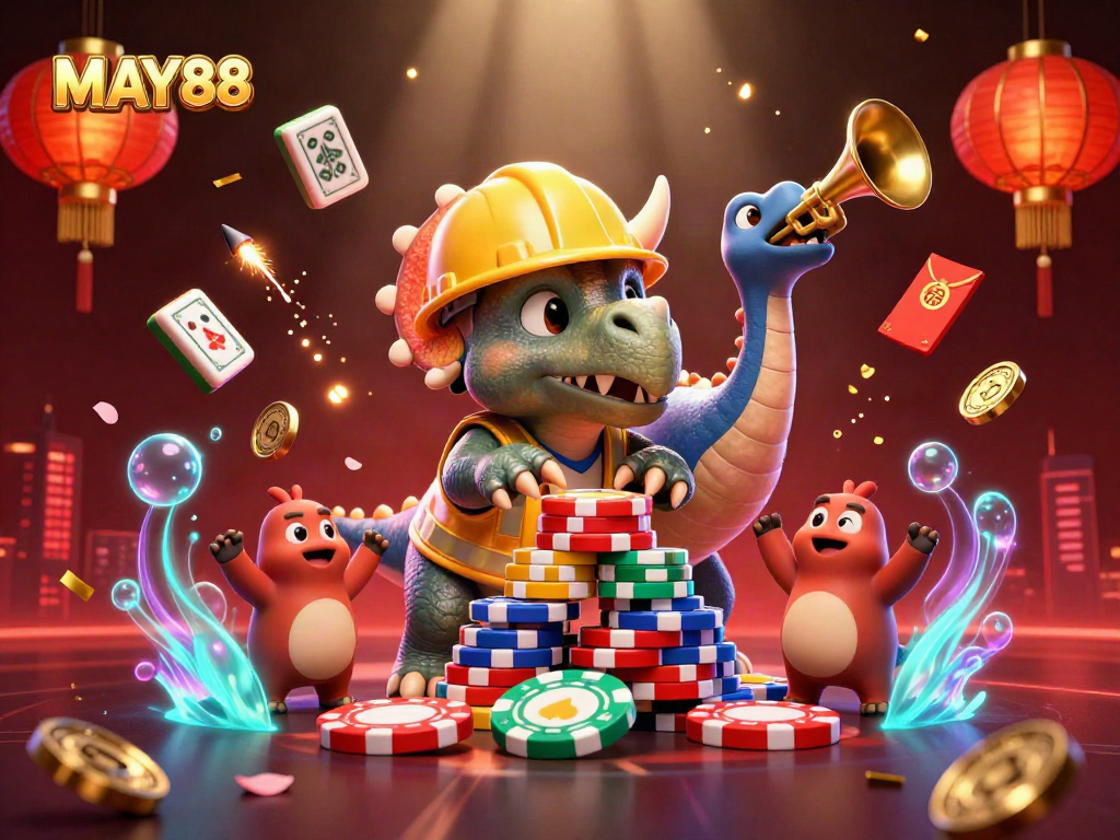 MAY88 showcases a vibrant 3D illustration of a triceratops and parasaurolophus amidst festive casino elements celebrating a winning moment.