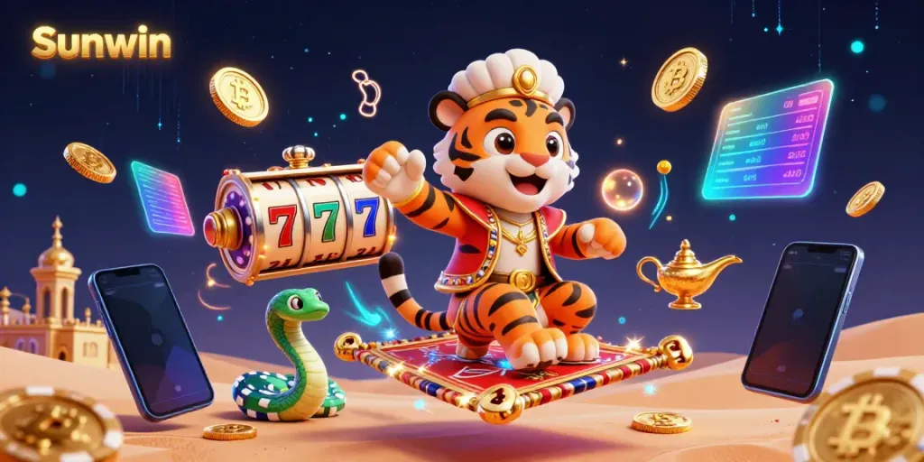 Experience the vibrant world of Sunwin with a regal tiger sultan on a poker chip carpet amidst dynamic casino elements.