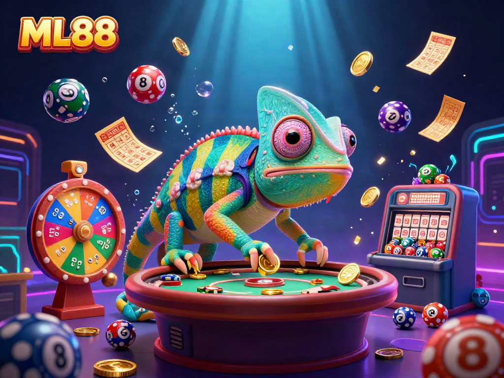 Experience thrilling gaming with ML88, featuring a dynamic chameleon casino owner in a vibrant casino scene.