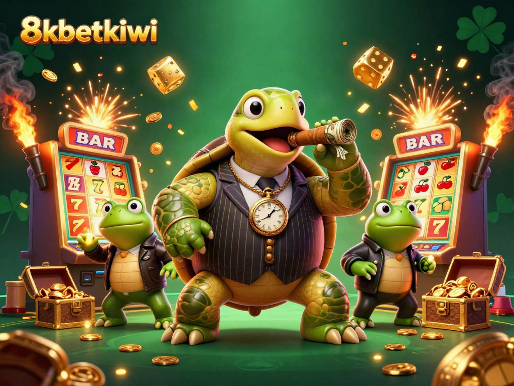 Experience the thrill with the 8xbetkiwi massive snapping turtle in a casino setting, surrounded by dynamic slot machines and jackpot excitement.