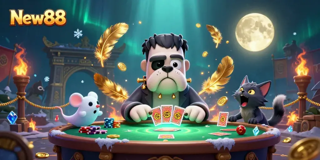 New88 gameplay scene featuring a bulldog monster dealing cards with a ghost mouse and werewolf kitten amidst vibrant casino elements.
