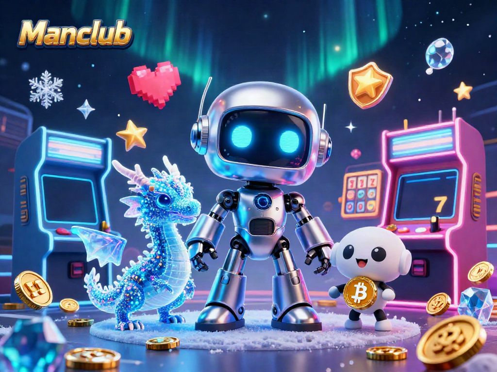 Experience the excitement of Manclub's casino with dynamic 3D elements and vibrant gaming symbols.