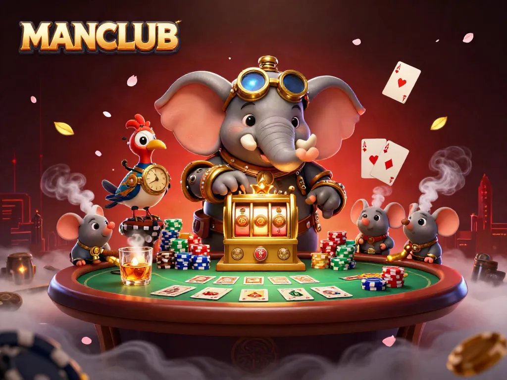 Engage with MANCLUB's 3D illustrated steampunk casino scene, showcasing unique gaming elements.