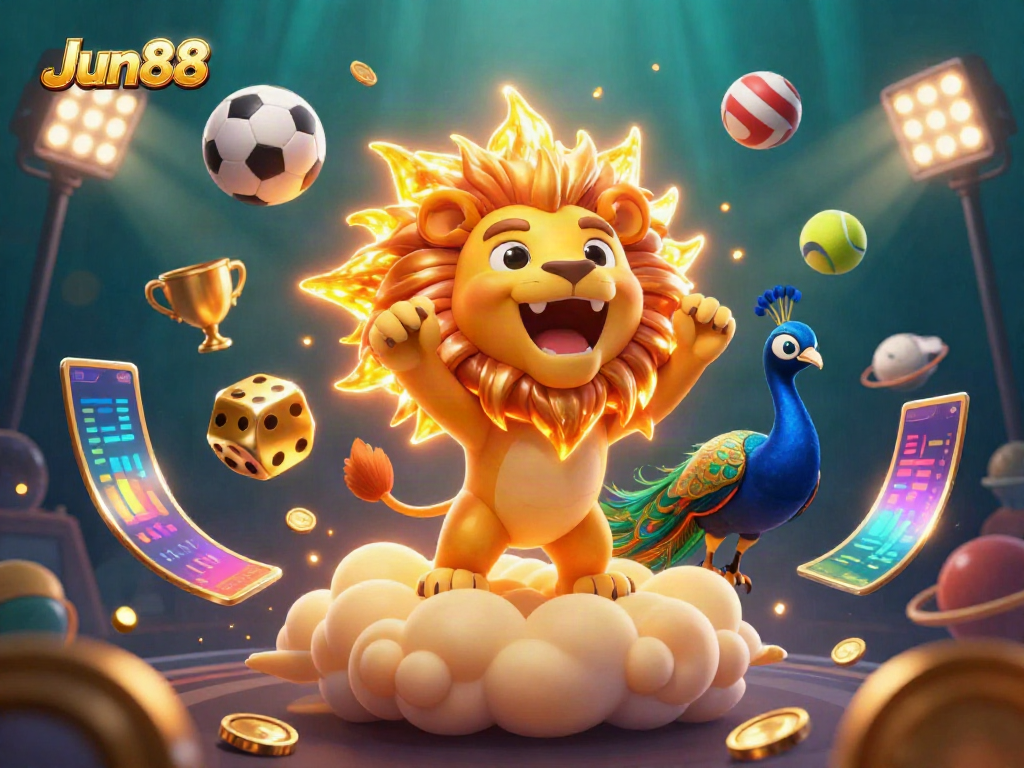 Experience thrilling moments with Jun88 in this vibrant, 3D-rendered casino scene filled with action.
