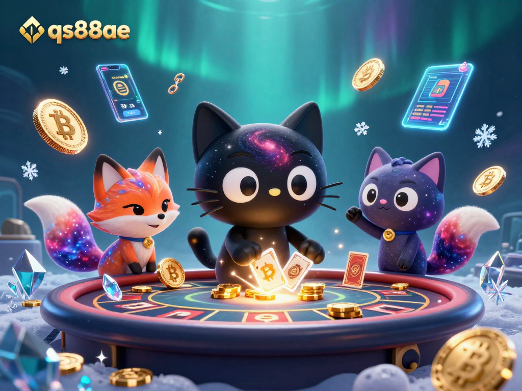 Engage with qs88ae's cosmic casino, where a black hole cat pulls in glowing chips and cards.