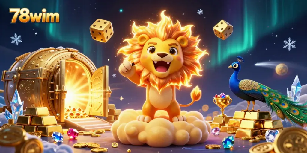 Engage with the vibrant universe of 78wim, featuring a golden lion and treasures in a cosmic casino.