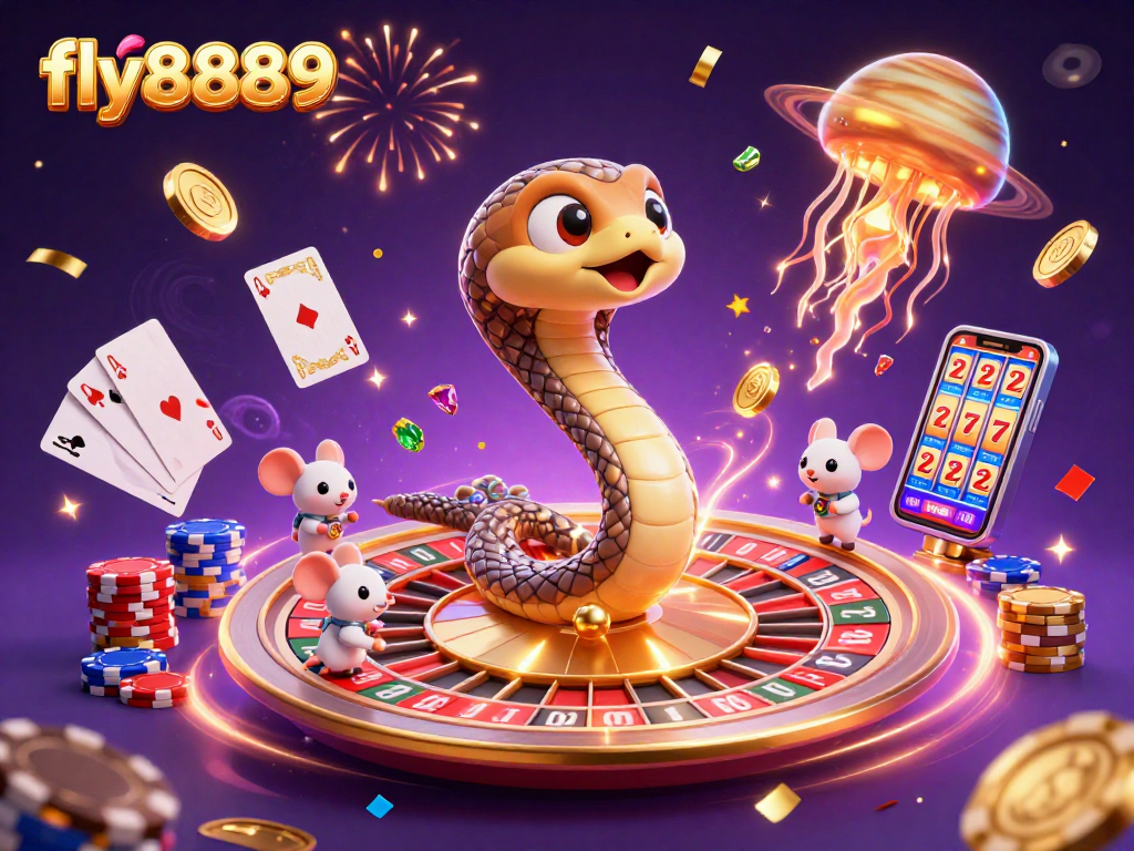 Experience fly8889 excitement with a cosmic dealer and betting astronaut mice in a vibrant casino scene.