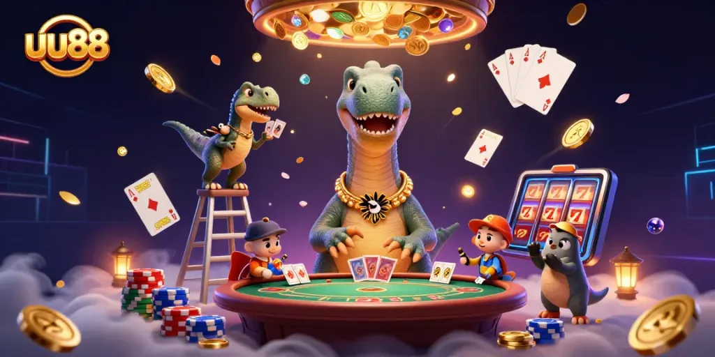 Engage in thrilling casino strategy with uu88's vibrant 3D illustration featuring a playful dinosaur scene.