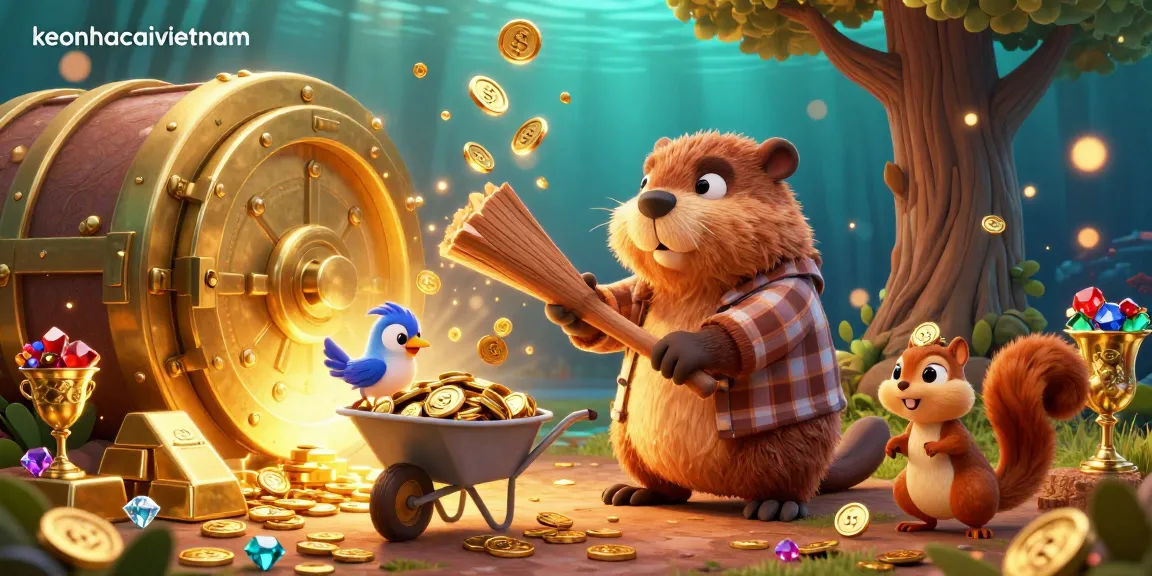Engage with keonhacaivietnam in an animated treasure hunt scene with characters collecting golden coins and jewels.