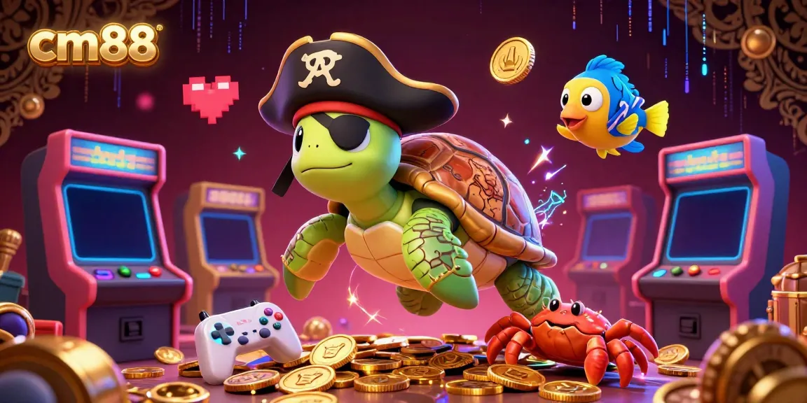 Engage with cm88’s thrilling gaming world featuring an adventurous pirate turtle and treasure amidst vibrant casino elements.