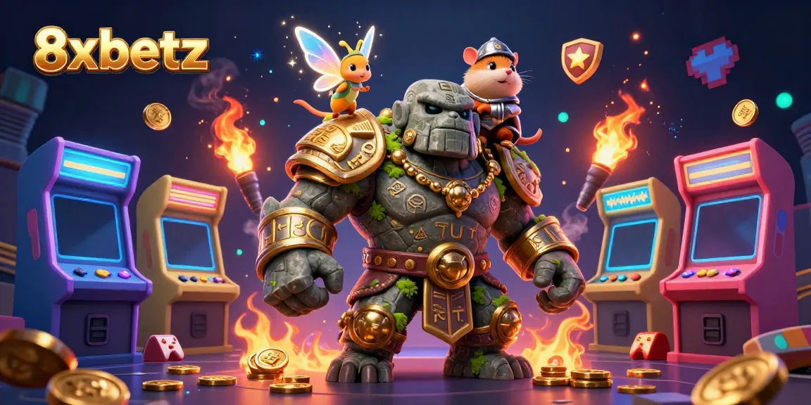 Experience thrilling gameplay with the 8xbetz golem guardian, knight, and fairy in a vibrant casino landscape.